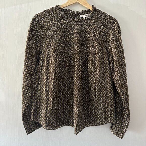 Rebecca Taylor Feather Fleur Smocked Ruched Mock Neck Floral Top Puff Sleeve Sz6 - Picture 2 of 10